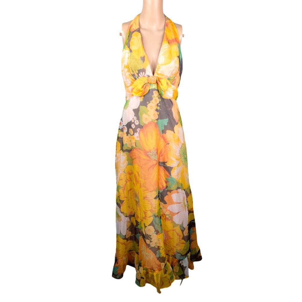 Vtg 70s Miss Elliette California Floral Chiffon Maxi Dress S | Halter Bow Hippie